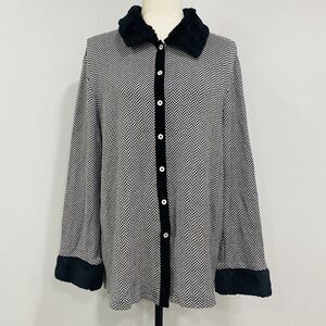 NEIMAN MARCUS VTG XL Faux Fur Trim Button Up Cardigan Shacket Houndstooth Retro